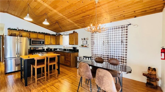 kitchen with stainless steel appliances, light hardwood / wood-style flooring, hanging light fixtures, and lofted ceiling