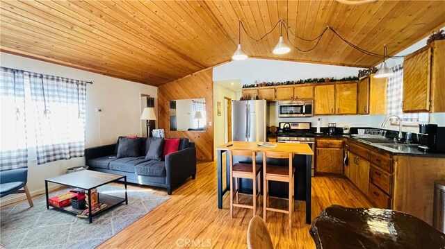 kitchen featuring sink, wooden ceiling, lofted ceiling, appliances with stainless steel finishes, and light wood-type flooring