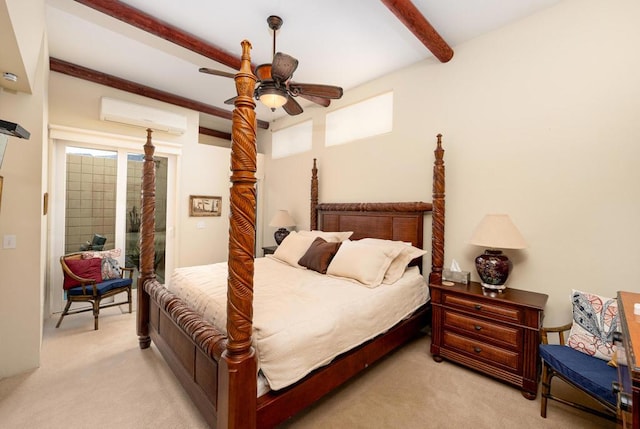 bedroom with light carpet, beam ceiling, a wall mounted AC, and ceiling fan