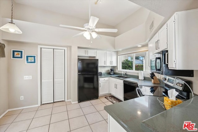 kitchen featuring ceiling fan, sink, black appliances, white cabinets, and light tile patterned flooring