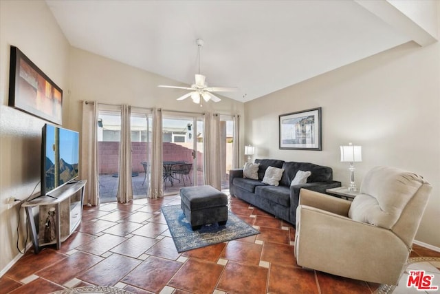 living room with vaulted ceiling and ceiling fan