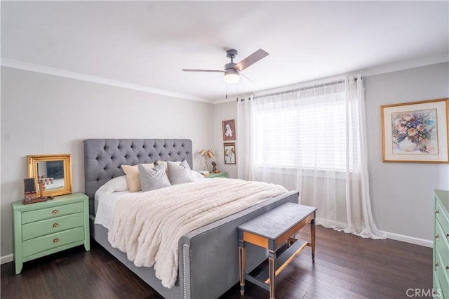 bedroom with ceiling fan, dark hardwood / wood-style flooring, and crown molding