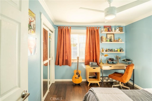 bedroom with ceiling fan, dark wood-type flooring, and ornamental molding