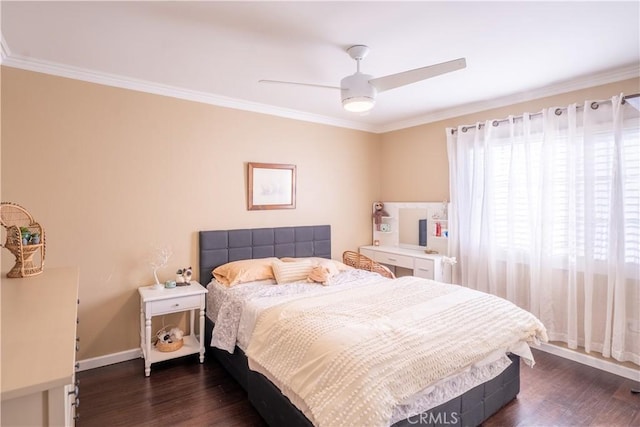 bedroom featuring ceiling fan, ornamental molding, and dark hardwood / wood-style floors