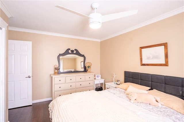 bedroom with ceiling fan, dark wood-type flooring, and ornamental molding