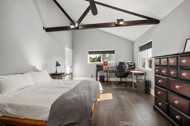 bedroom featuring dark wood-type flooring and lofted ceiling with beams