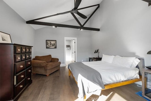 bedroom with ceiling fan, dark hardwood / wood-style flooring, and lofted ceiling with beams