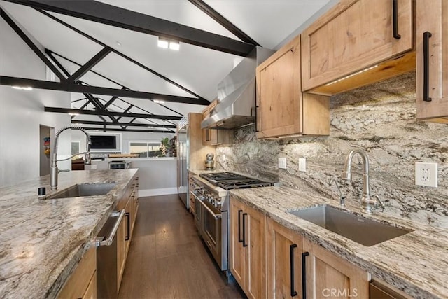 kitchen featuring lofted ceiling with beams, sink, high quality appliances, and decorative backsplash