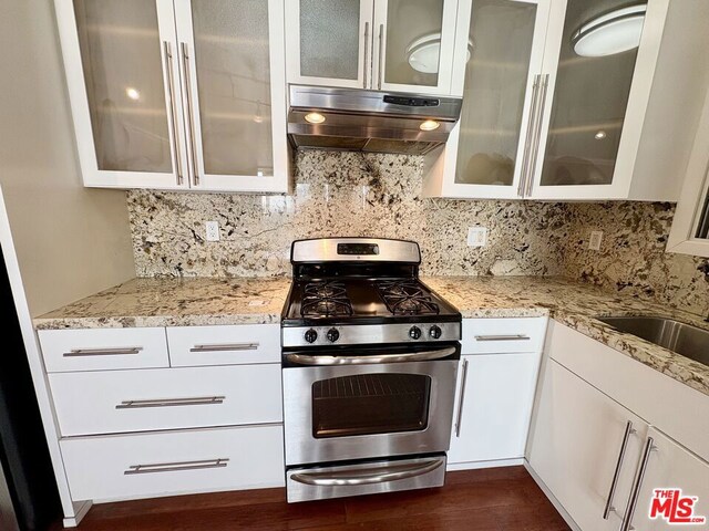 kitchen featuring stainless steel gas range, white cabinetry, tasteful backsplash, and light stone countertops