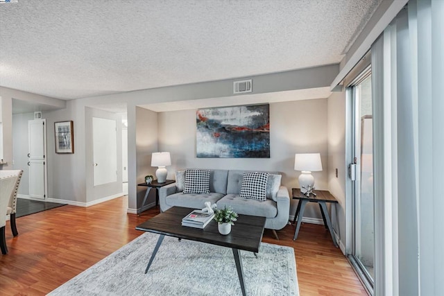 living room with a textured ceiling and hardwood / wood-style flooring