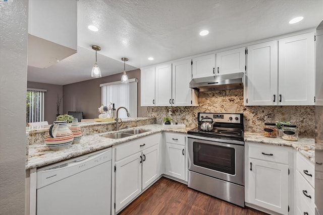 kitchen featuring white cabinets, electric range, sink, and white dishwasher