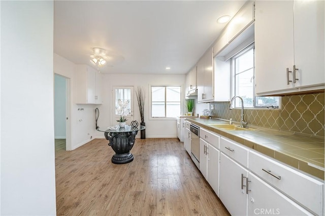 kitchen with tile counters, white cabinets, light hardwood / wood-style floors, and stainless steel dishwasher