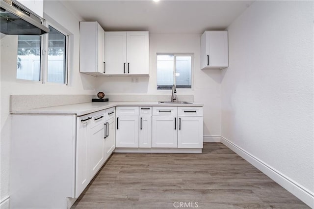 kitchen featuring white cabinets, sink, and light hardwood / wood-style flooring