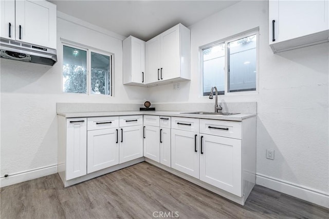 kitchen featuring light hardwood / wood-style floors, white cabinetry, sink, and exhaust hood