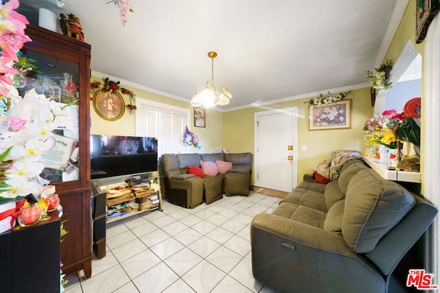 living room with light tile patterned floors, ornamental molding, and a notable chandelier