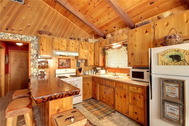 kitchen with kitchen peninsula, white appliances, sink, wooden ceiling, and vaulted ceiling with beams