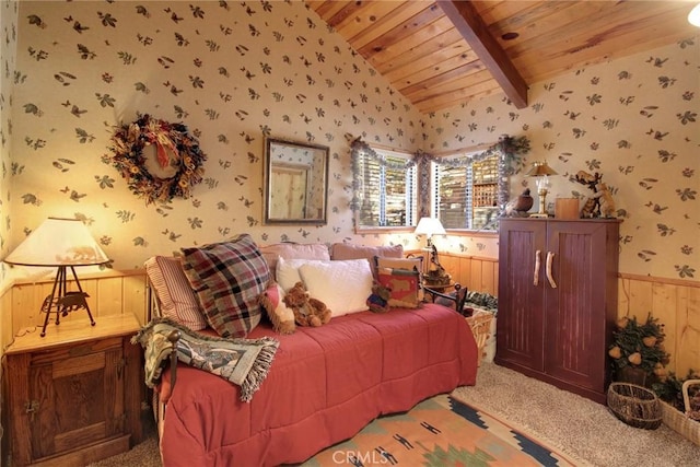 carpeted bedroom featuring wood ceiling, wooden walls, and lofted ceiling with beams