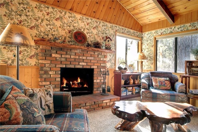 living room featuring carpet, lofted ceiling, wooden walls, and wooden ceiling