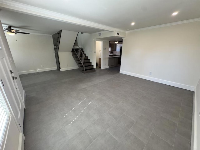 unfurnished living room with tile patterned floors, ceiling fan, and ornamental molding