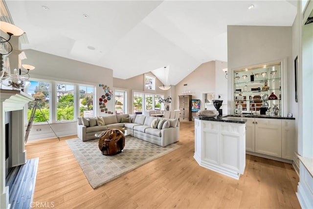 living room with high vaulted ceiling and light hardwood / wood-style floors