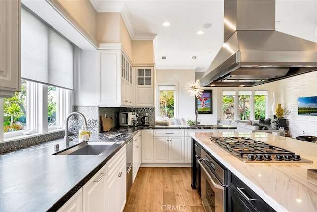 kitchen featuring white cabinetry, ornamental molding, ventilation hood, light wood-type flooring, and appliances with stainless steel finishes