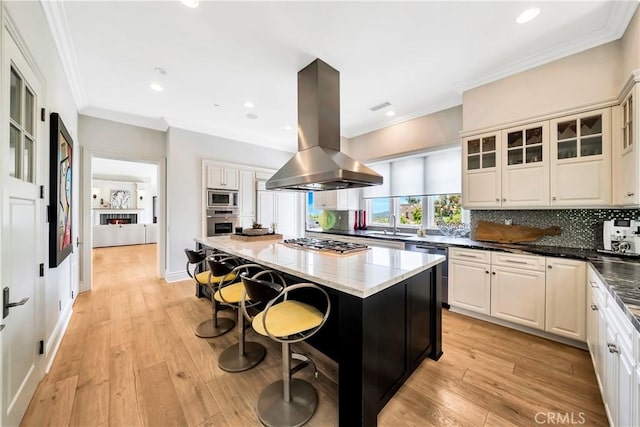 kitchen featuring island exhaust hood, light hardwood / wood-style floors, a kitchen island, and stainless steel appliances