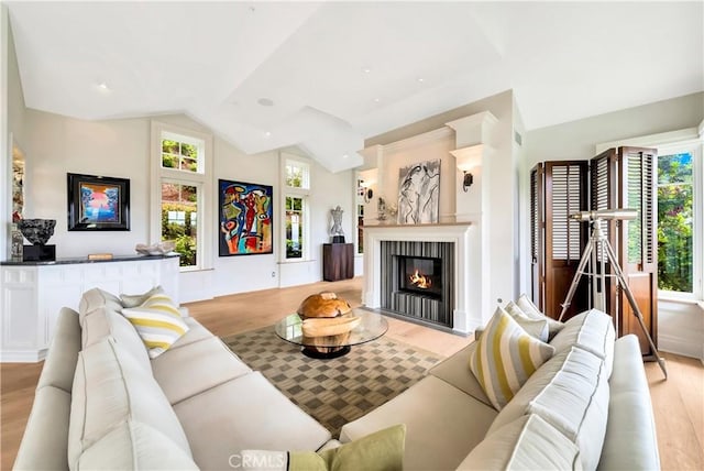 living room with light hardwood / wood-style flooring and lofted ceiling