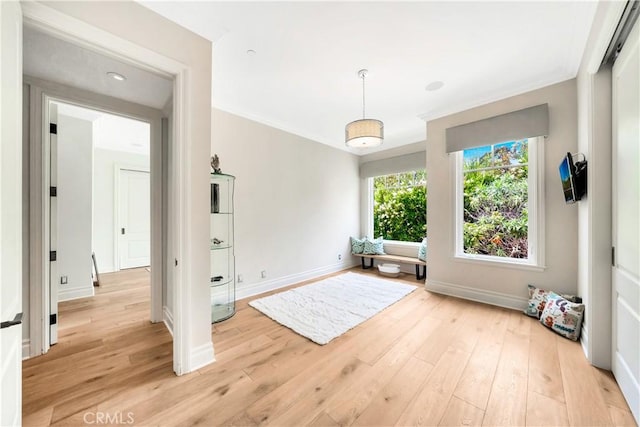 interior space with ornamental molding and light wood-type flooring