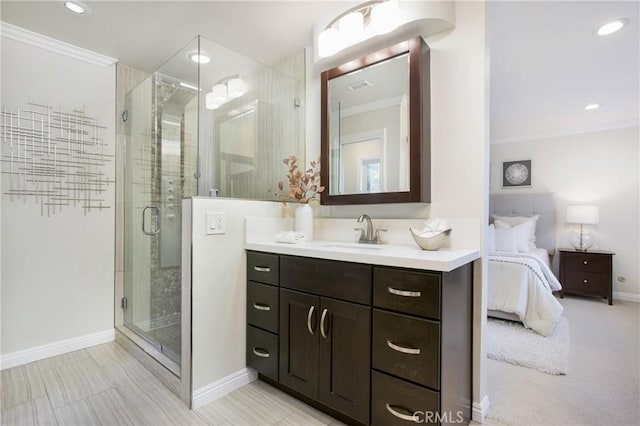 bathroom featuring vanity, walk in shower, and crown molding