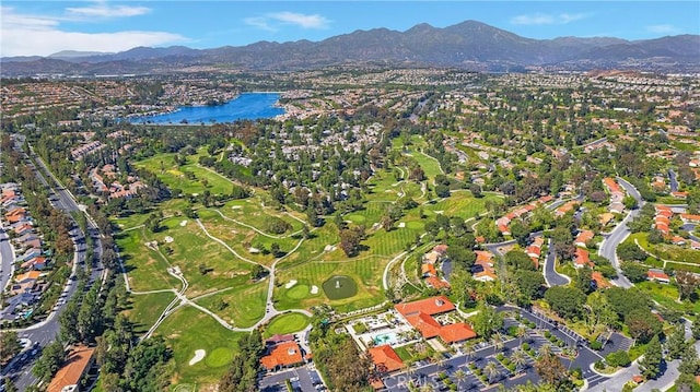 bird's eye view featuring a water and mountain view