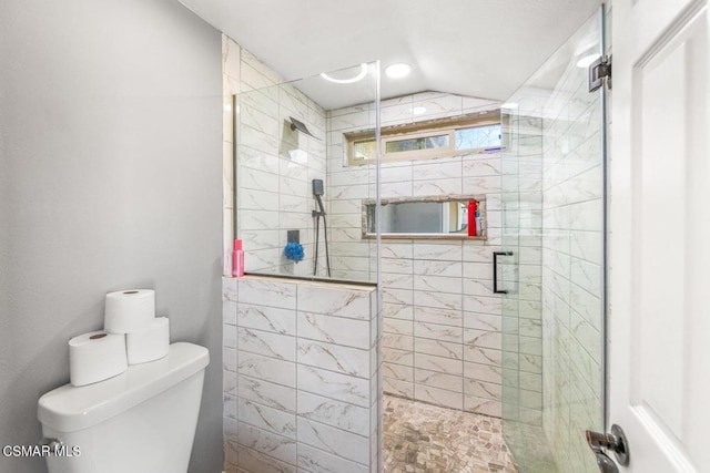 bathroom with a shower with door, lofted ceiling, and toilet