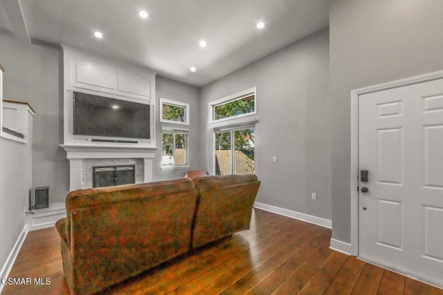 living room with a high ceiling and dark hardwood / wood-style flooring