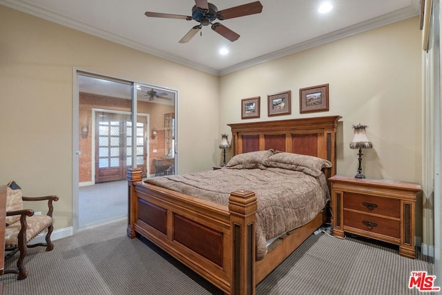 carpeted bedroom featuring access to exterior, ceiling fan, and ornamental molding