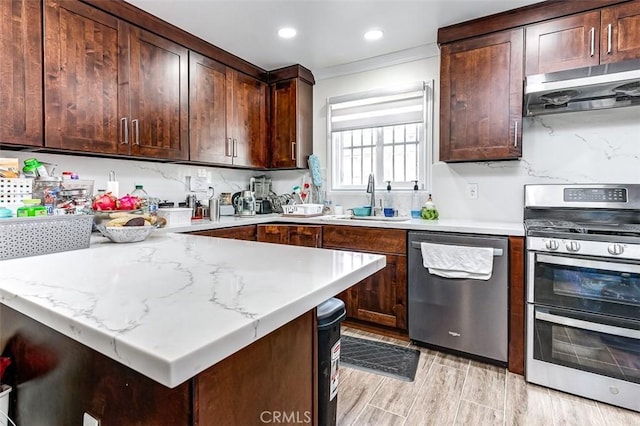 kitchen featuring appliances with stainless steel finishes, light wood-type flooring, ornamental molding, ventilation hood, and sink