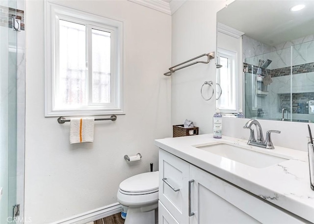 bathroom featuring wood-type flooring, vanity, toilet, and walk in shower