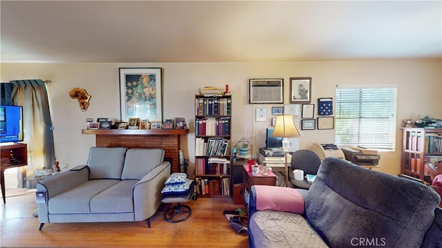 living room with wood-type flooring and a wall mounted AC