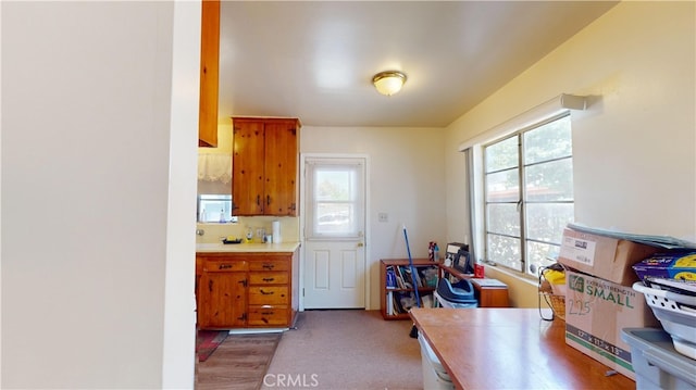 kitchen featuring dark colored carpet