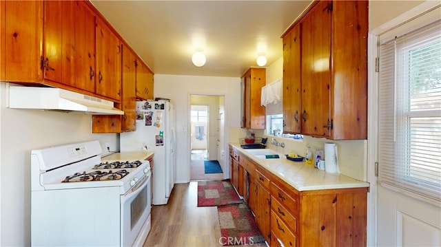 kitchen with white appliances, hardwood / wood-style flooring, and sink