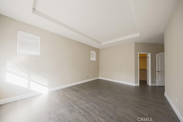 unfurnished room with a raised ceiling and dark wood-type flooring