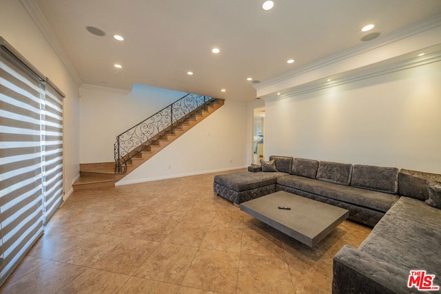 living room featuring crown molding