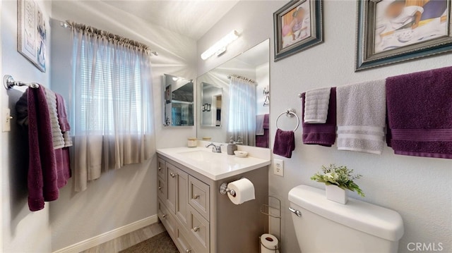 bathroom featuring hardwood / wood-style flooring, vanity, and toilet