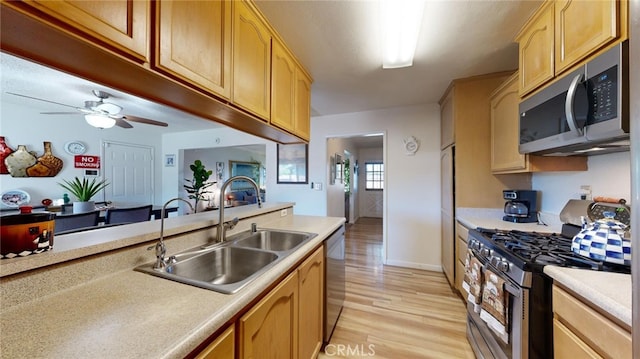 kitchen with appliances with stainless steel finishes, light hardwood / wood-style floors, ceiling fan, and sink