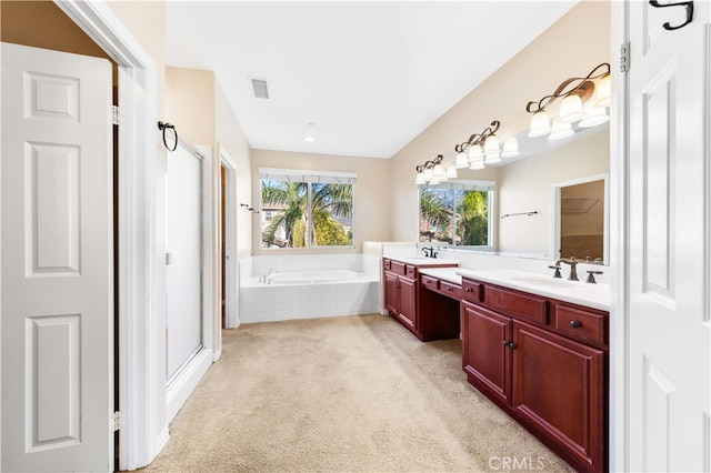 bathroom featuring vanity and separate shower and tub