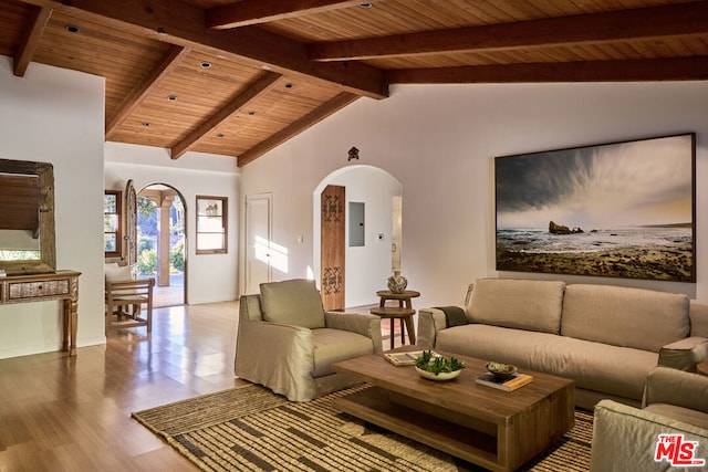 living room featuring wooden ceiling, beamed ceiling, high vaulted ceiling, electric panel, and wood-type flooring