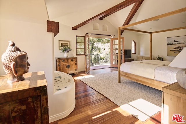 bedroom featuring access to exterior, beamed ceiling, wood-type flooring, and high vaulted ceiling