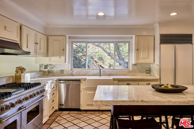 kitchen with high end appliances, sink, backsplash, exhaust hood, and ornamental molding