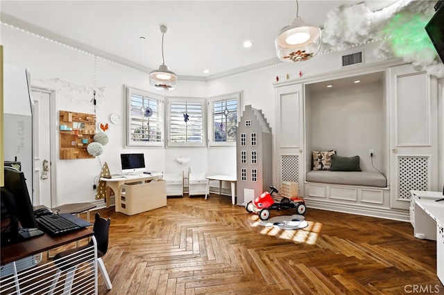 interior space featuring crown molding and parquet floors