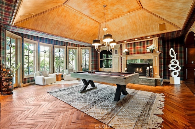 game room featuring a fireplace, parquet floors, lofted ceiling, and billiards