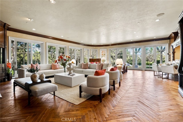 living room with light parquet flooring and ornamental molding