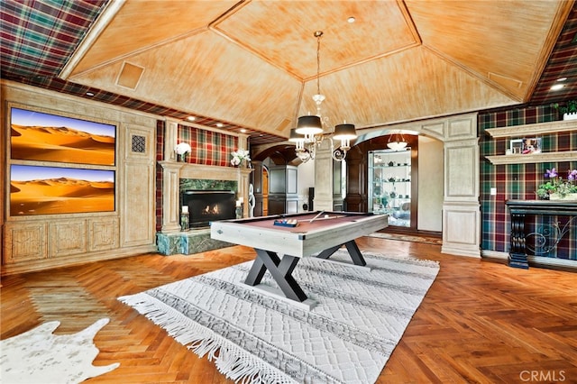 playroom featuring parquet flooring, a fireplace, billiards, and decorative columns